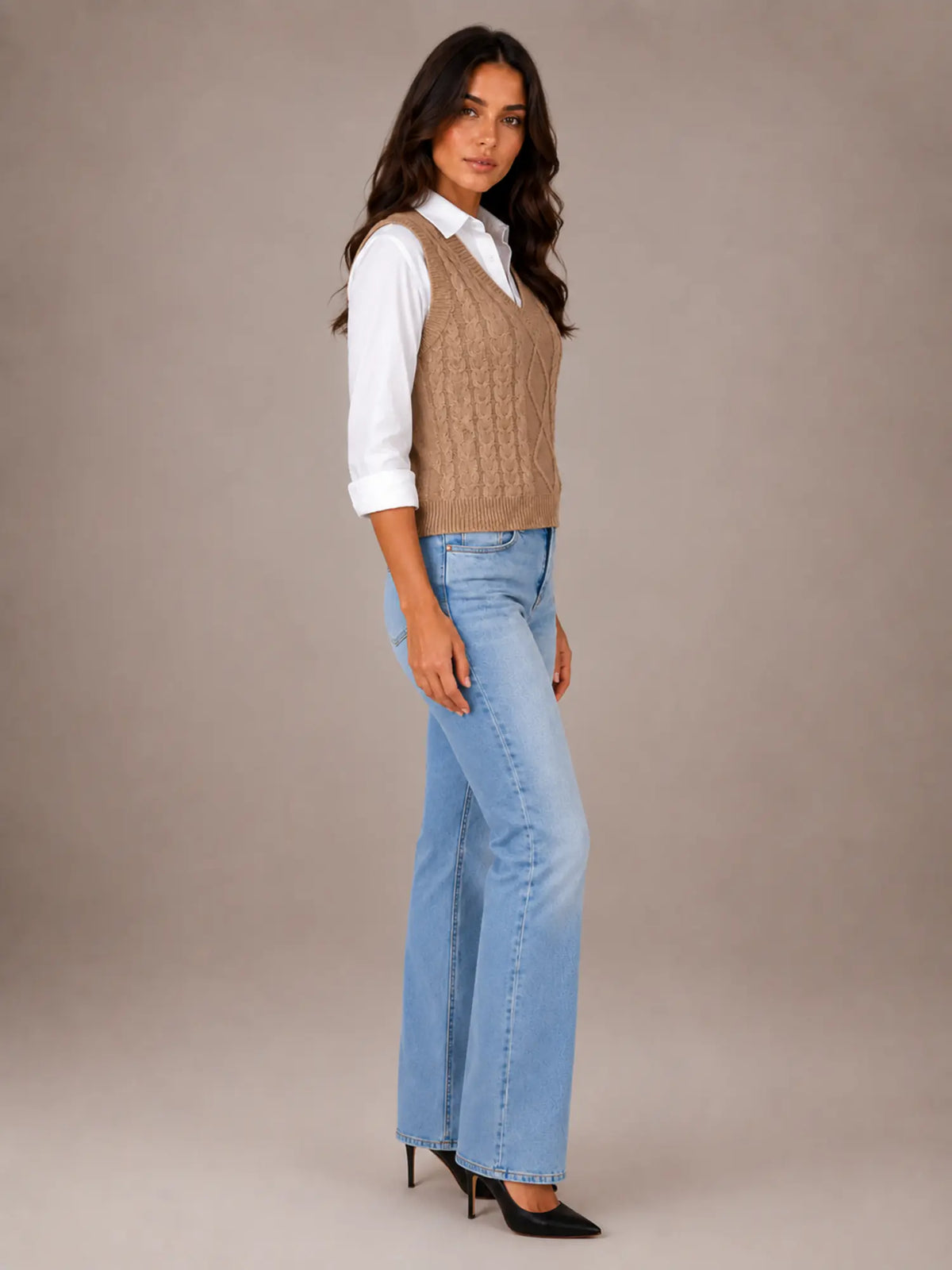 Women's Cable Knit Sweater Vest – Sleeveless V-Neck in Khaki – Side view