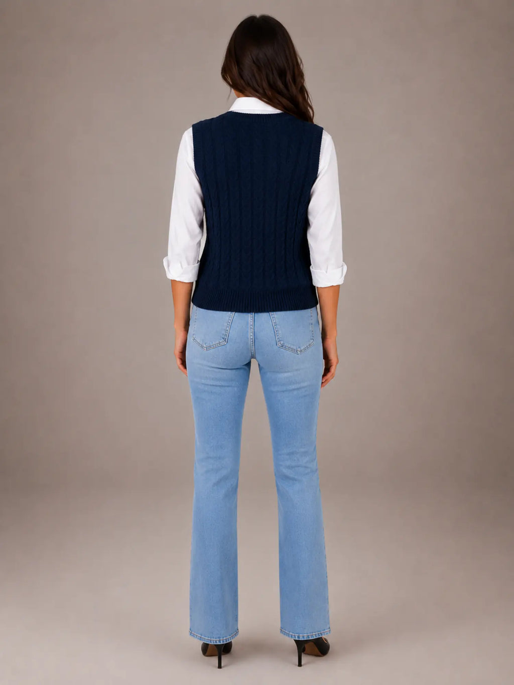 Women's Cable Knit Sweater Vest – Sleeveless V-Neck in Navy – Back view