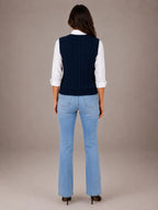 Women's Cable Knit Sweater Vest – Sleeveless V-Neck in Navy – Back view