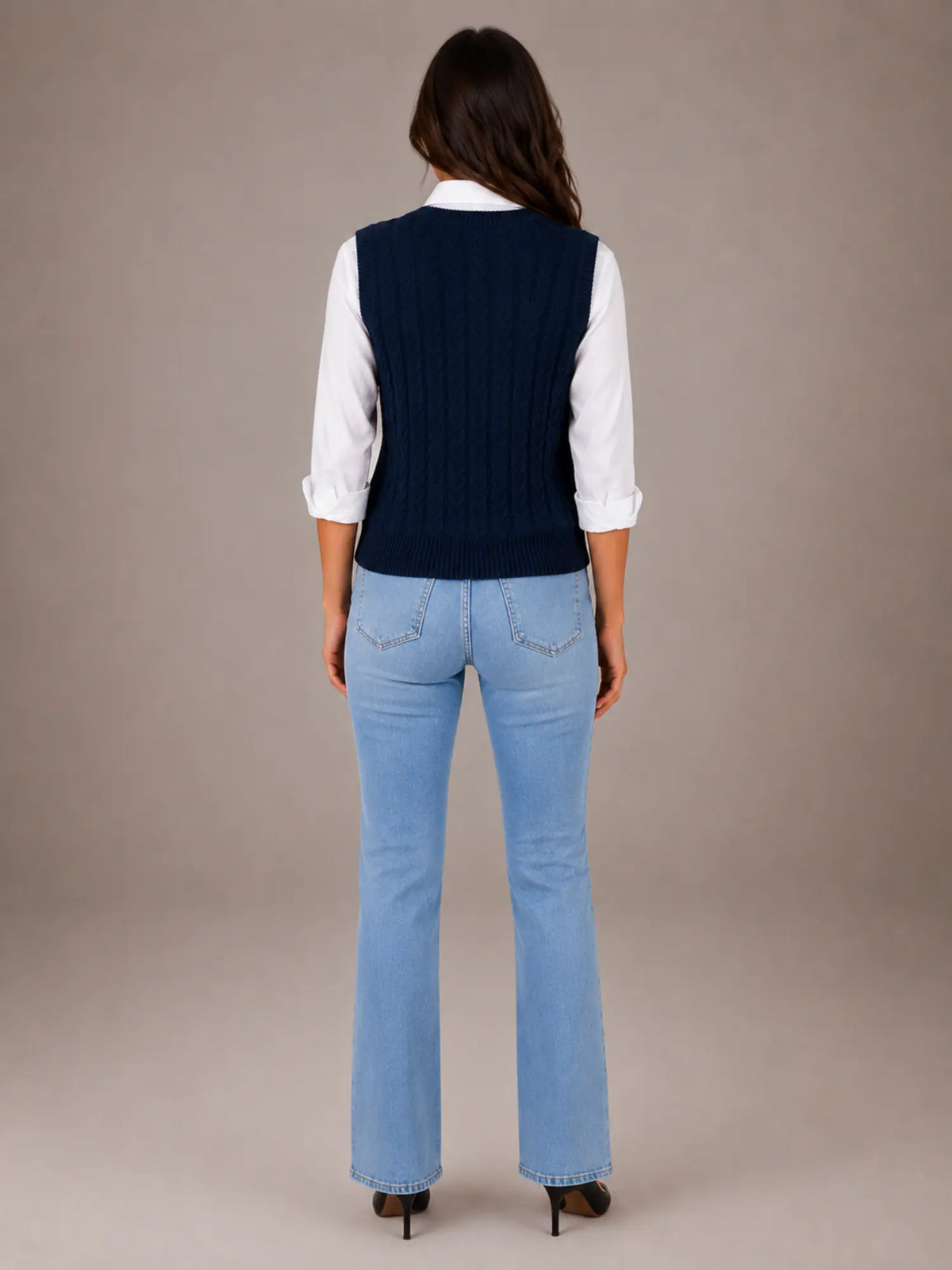 Women's Cable Knit Sweater Vest – Sleeveless V-Neck in Navy – Back view