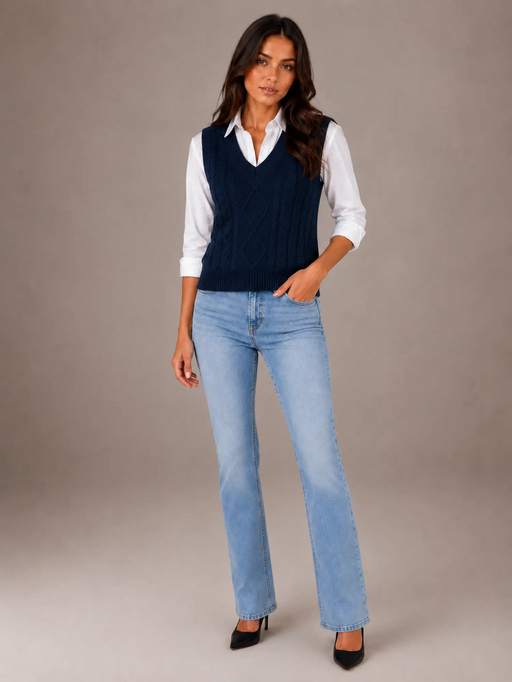 Women's Cable Knit Sweater Vest – Sleeveless V-Neck in Navy – Hover view