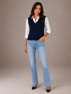 Women's Cable Knit Sweater Vest – Sleeveless V-Neck in Navy – Hover view