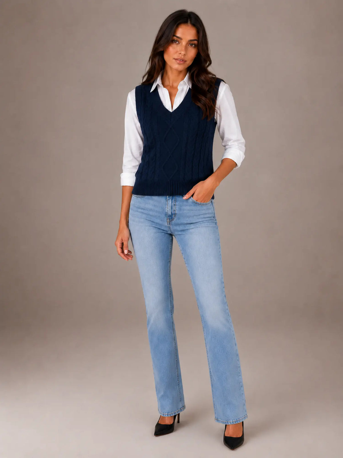 Women's Cable Knit Sweater Vest – Sleeveless V-Neck in Navy – Hover view