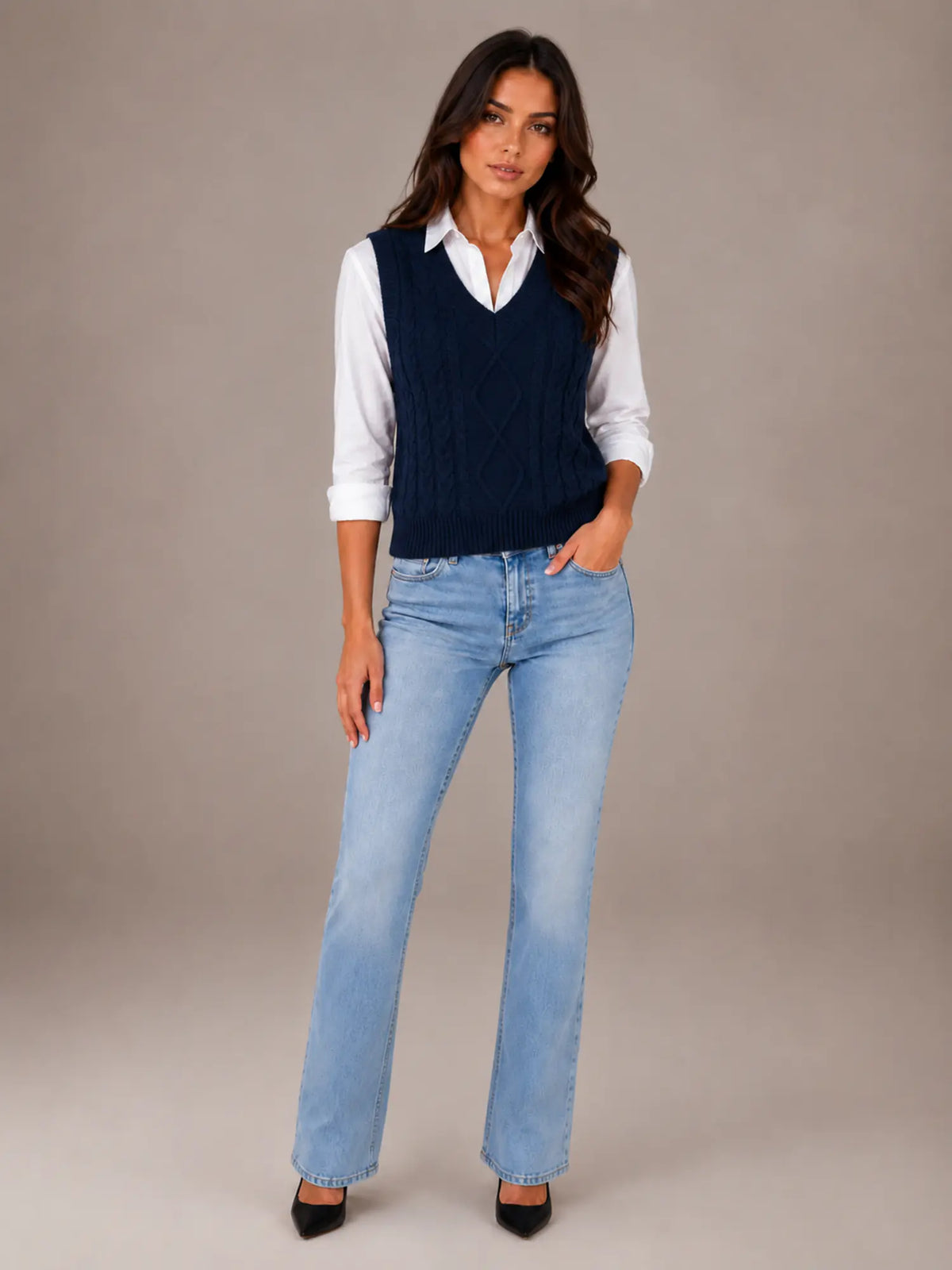 Women's Cable Knit Sweater Vest – Sleeveless V-Neck in Navy – Main view