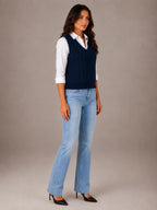 Women's Cable Knit Sweater Vest – Sleeveless V-Neck in Navy – Side view