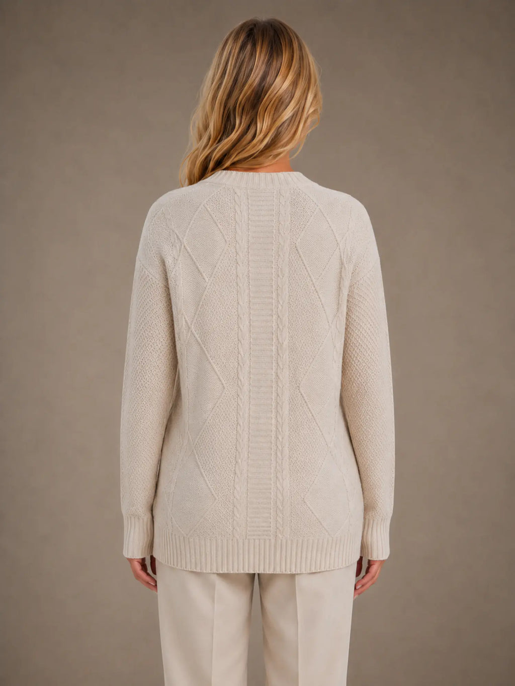 Women's Cable Knit Cardigan – Soft V-Neck Button Front in Beige – Back view