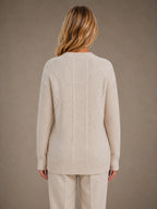 Women's Cable Knit Cardigan – Soft V-Neck Button Front in Beige – Back view