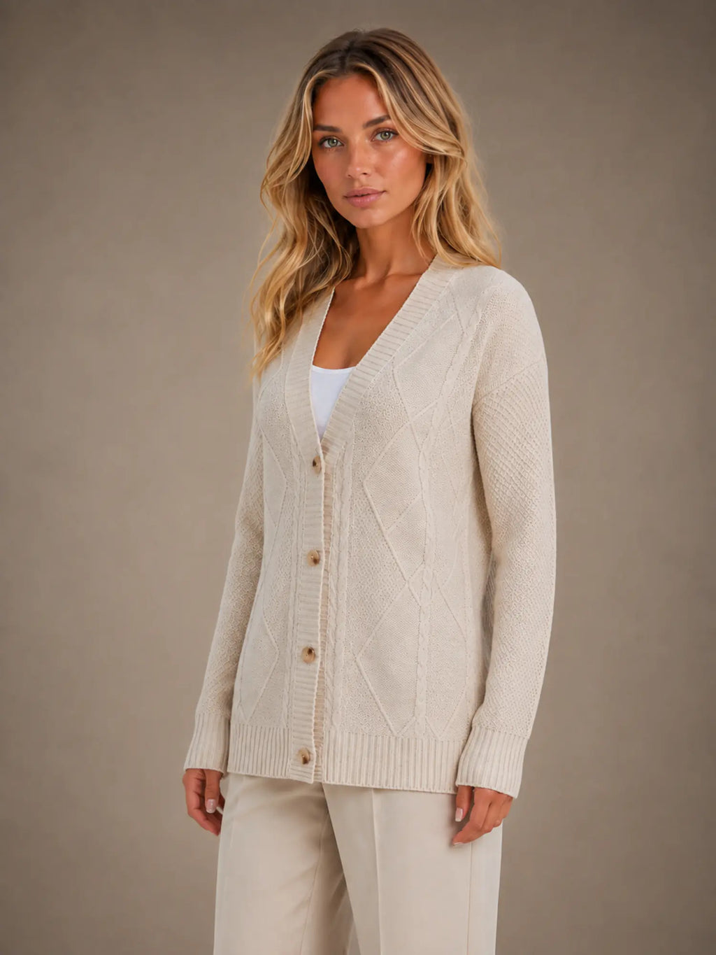 Women's Cable Knit Cardigan – Soft V-Neck Button Front in Beige – Hover view