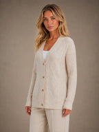 Women's Cable Knit Cardigan – Soft V-Neck Button Front in Beige – Hover view