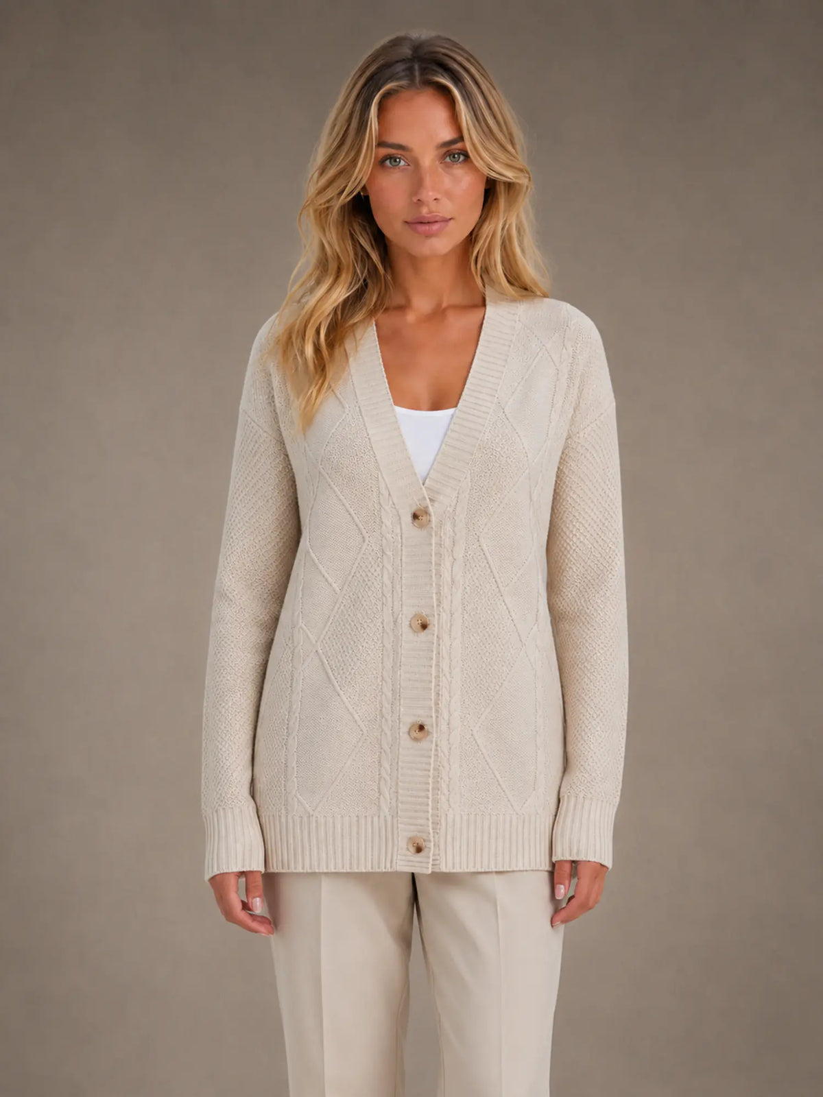 Women's Cable Knit Cardigan – Soft V-Neck Button Front in Beige – Main view