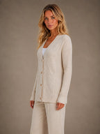 Women's Cable Knit Cardigan – Soft V-Neck Button Front in Beige – Side view