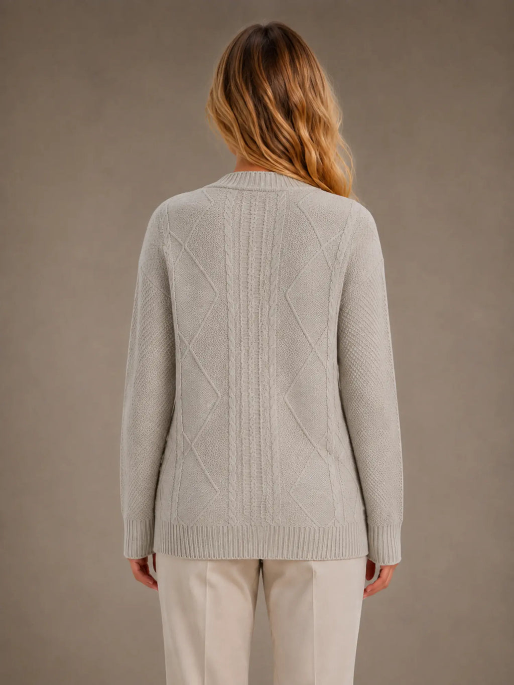 Women's Cable Knit Cardigan – Soft V-Neck Button Front in Grey – Back view