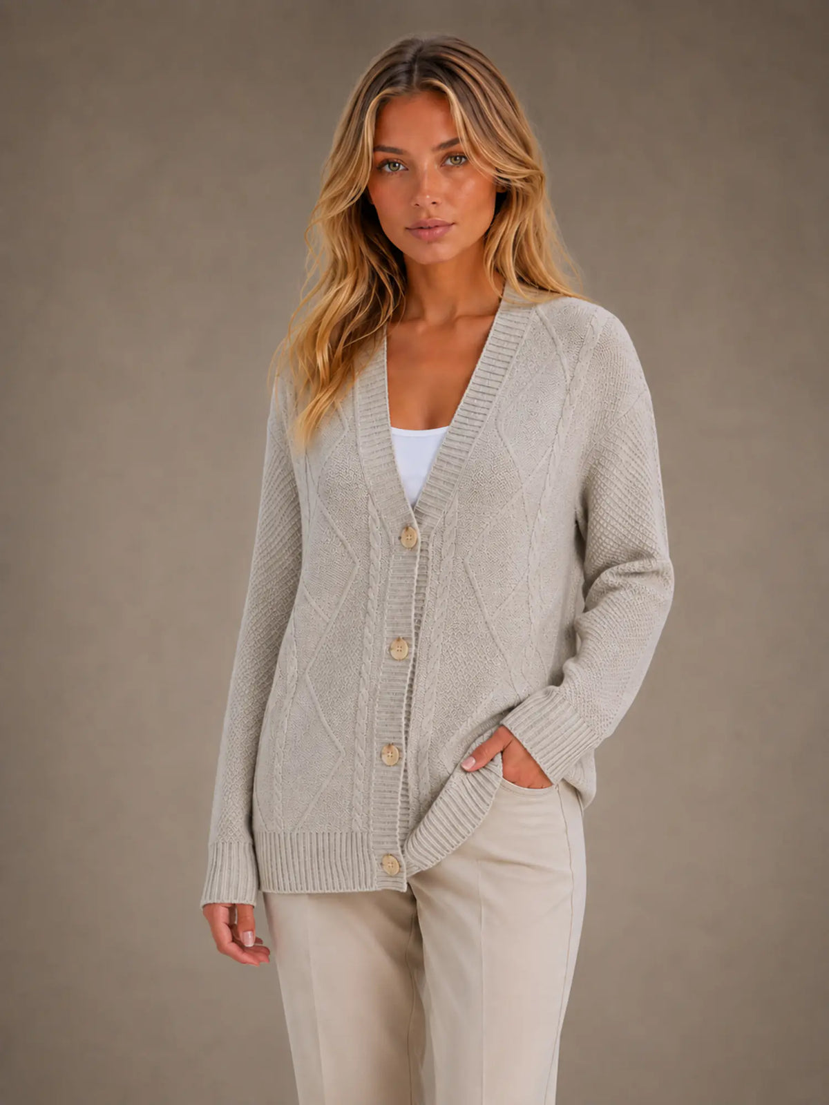 Women's Cable Knit Cardigan – Soft V-Neck Button Front in Grey – Hover view