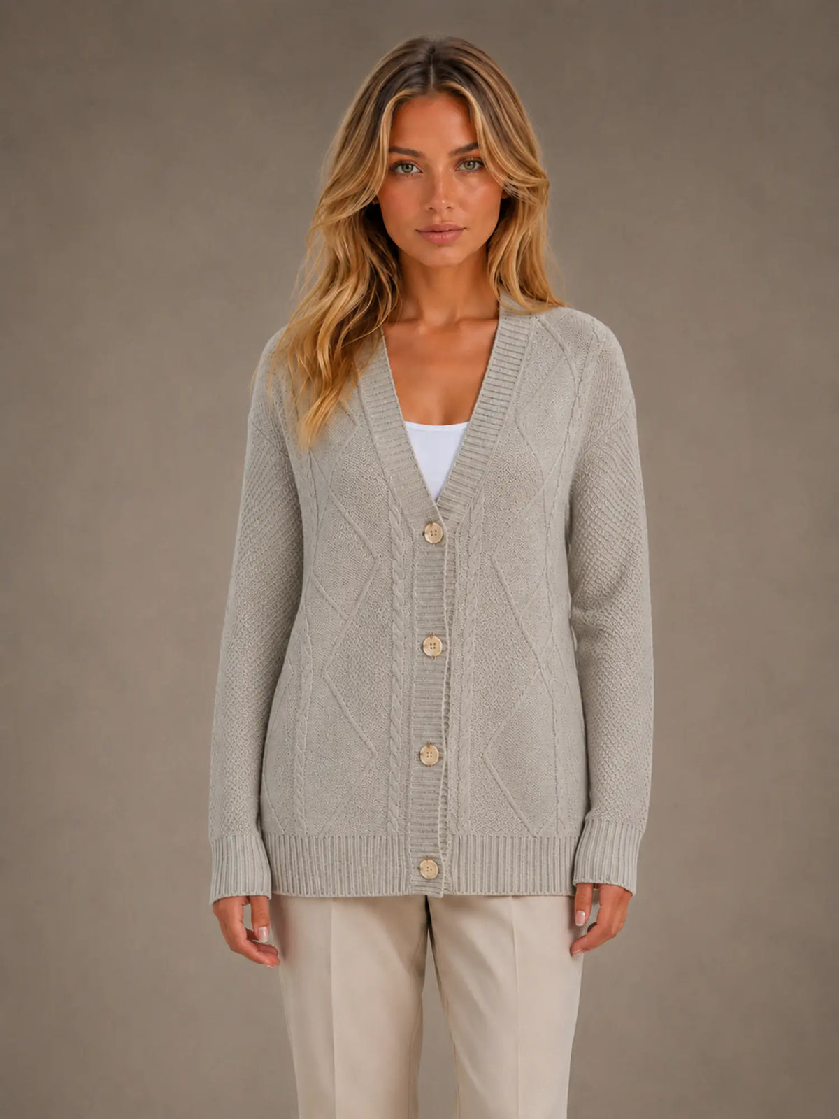 Women's Cable Knit Cardigan – Soft V-Neck Button Front in Grey – Main view
