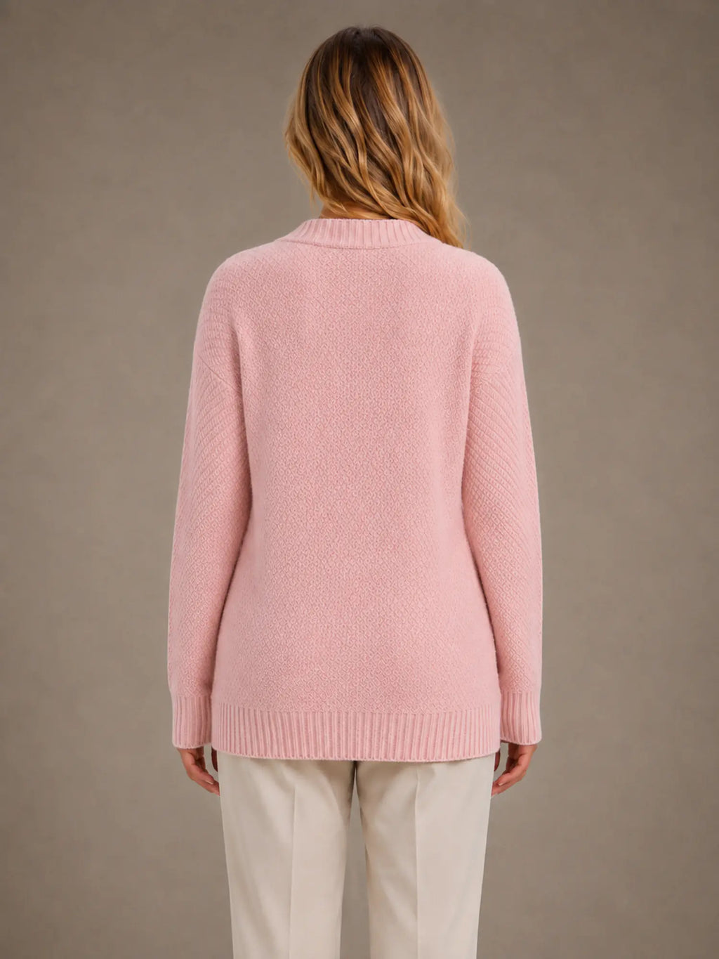 Women's Cable Knit Cardigan – Soft V-Neck Button Front in Pink – Back view
