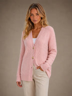 Women's Cable Knit Cardigan – Soft V-Neck Button Front in Pink – Hover view