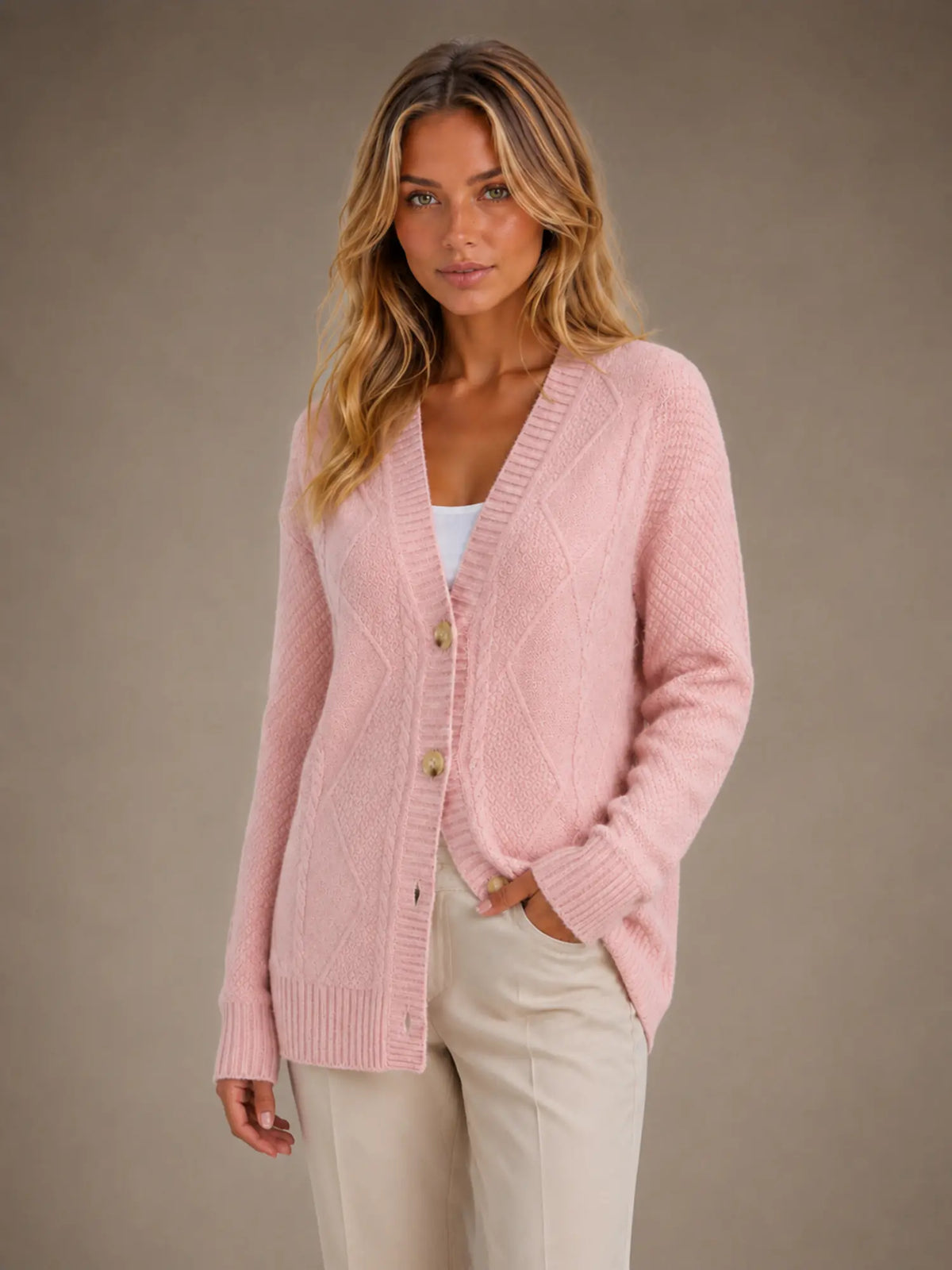Women's Cable Knit Cardigan – Soft V-Neck Button Front in Pink – Hover view