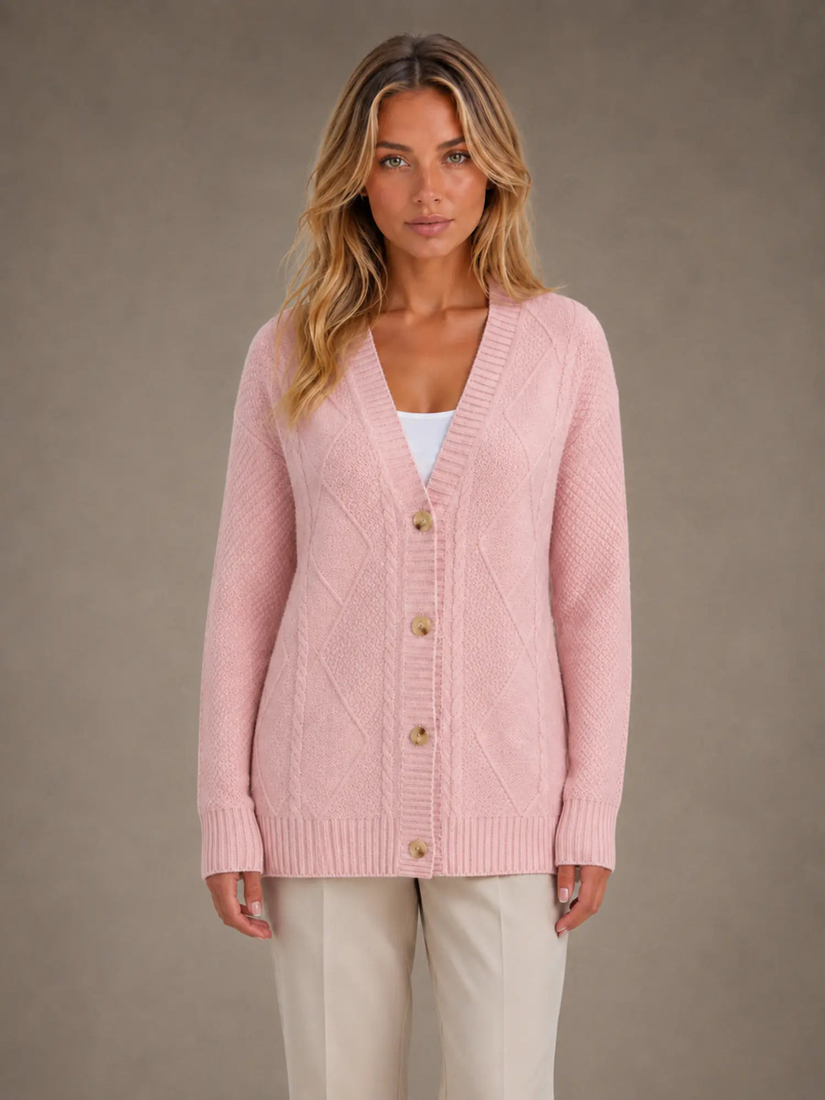 Women's Cable Knit Cardigan – Soft V-Neck Button Front in Pink – Main view