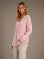 Women's Cable Knit Cardigan – Soft V-Neck Button Front in Pink – Side view