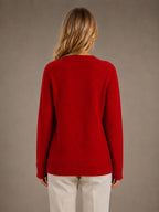 Women's Cable Knit Cardigan – Soft V-Neck Button Front in Red – Back view