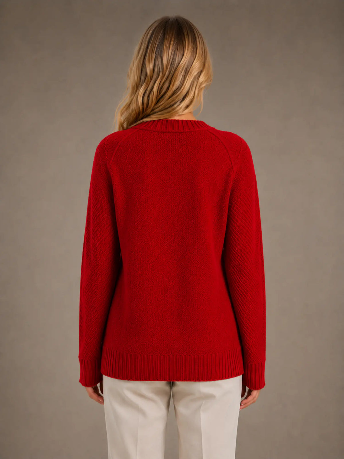 Women's Cable Knit Cardigan – Soft V-Neck Button Front in Red – Back view