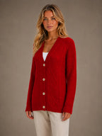 Women's Cable Knit Cardigan – Soft V-Neck Button Front in Red – Hover view