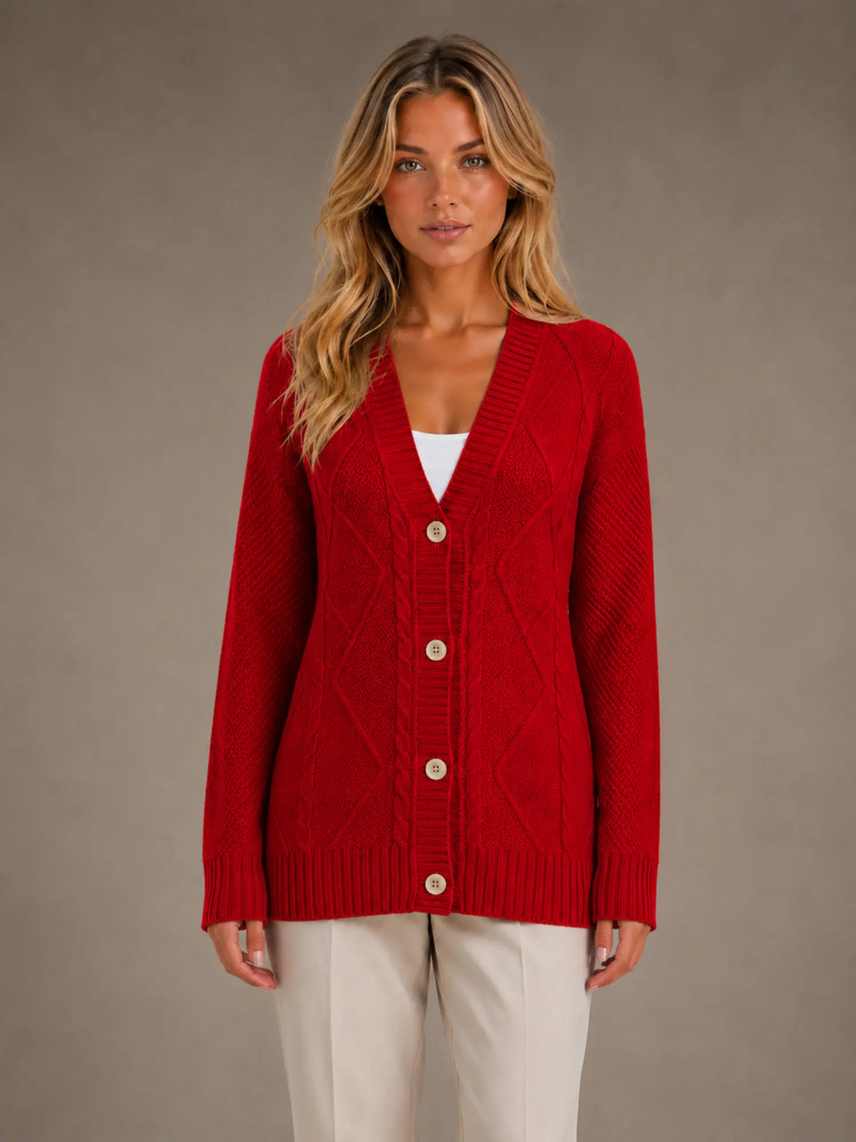 Women's Cable Knit Cardigan – Soft V-Neck Button Front in Red – Main view