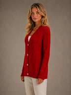 Women's Cable Knit Cardigan – Soft V-Neck Button Front in Red – Side view