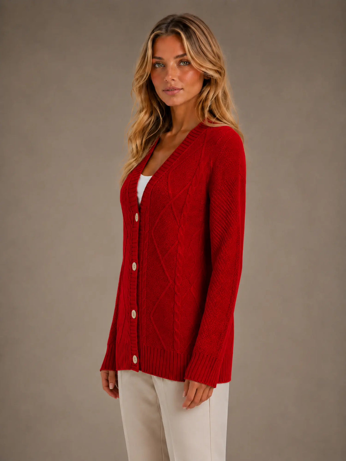 Women's Cable Knit Cardigan – Soft V-Neck Button Front in Red – Side view