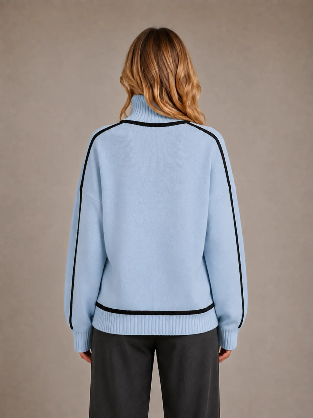Women's Oversized Roll Neck Jumper – Soft Knit Style in Blue – Back view