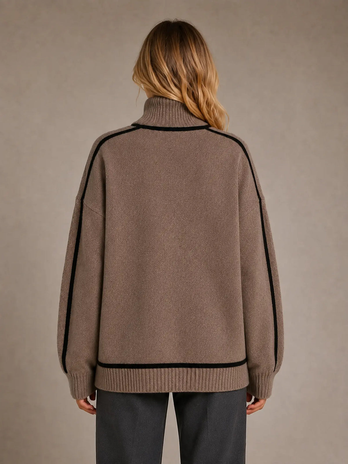 Women's Oversized Roll Neck Jumper – Soft Knit Style in Brown – Back view