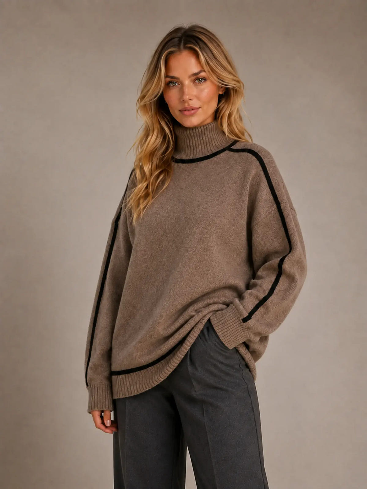 Women's Oversized Roll Neck Jumper – Soft Knit Style in Brown – Hover view