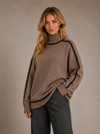 Women's Oversized Roll Neck Jumper – Soft Knit Style in Brown – Hover view