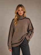 Women's Oversized Roll Neck Jumper – Soft Knit Style in Brown – Main view