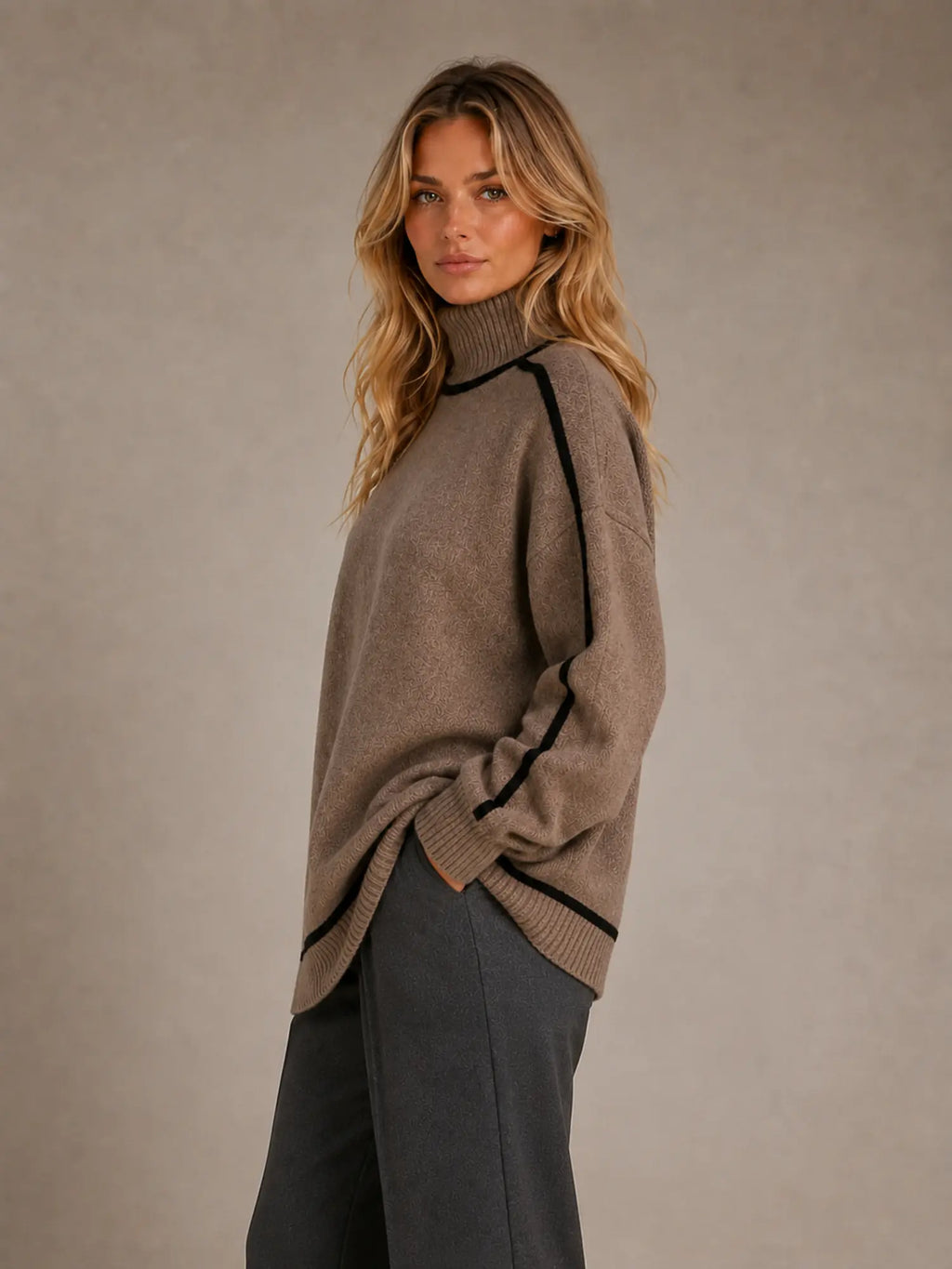 Women's Oversized Roll Neck Jumper – Soft Knit Style in Brown – Side view