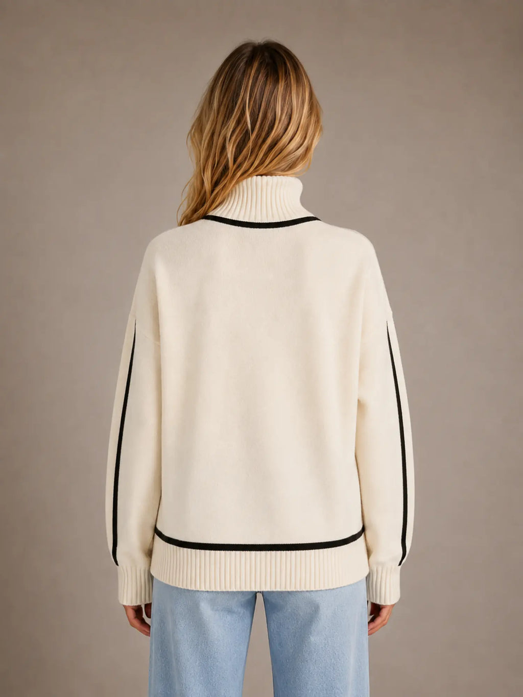Women's Oversized Roll Neck Jumper – Soft Knit Style in Cream – Back view