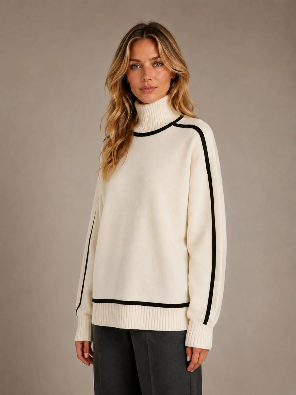 Women's Oversized Roll Neck Jumper – Soft Knit Style in Cream – Hover view
