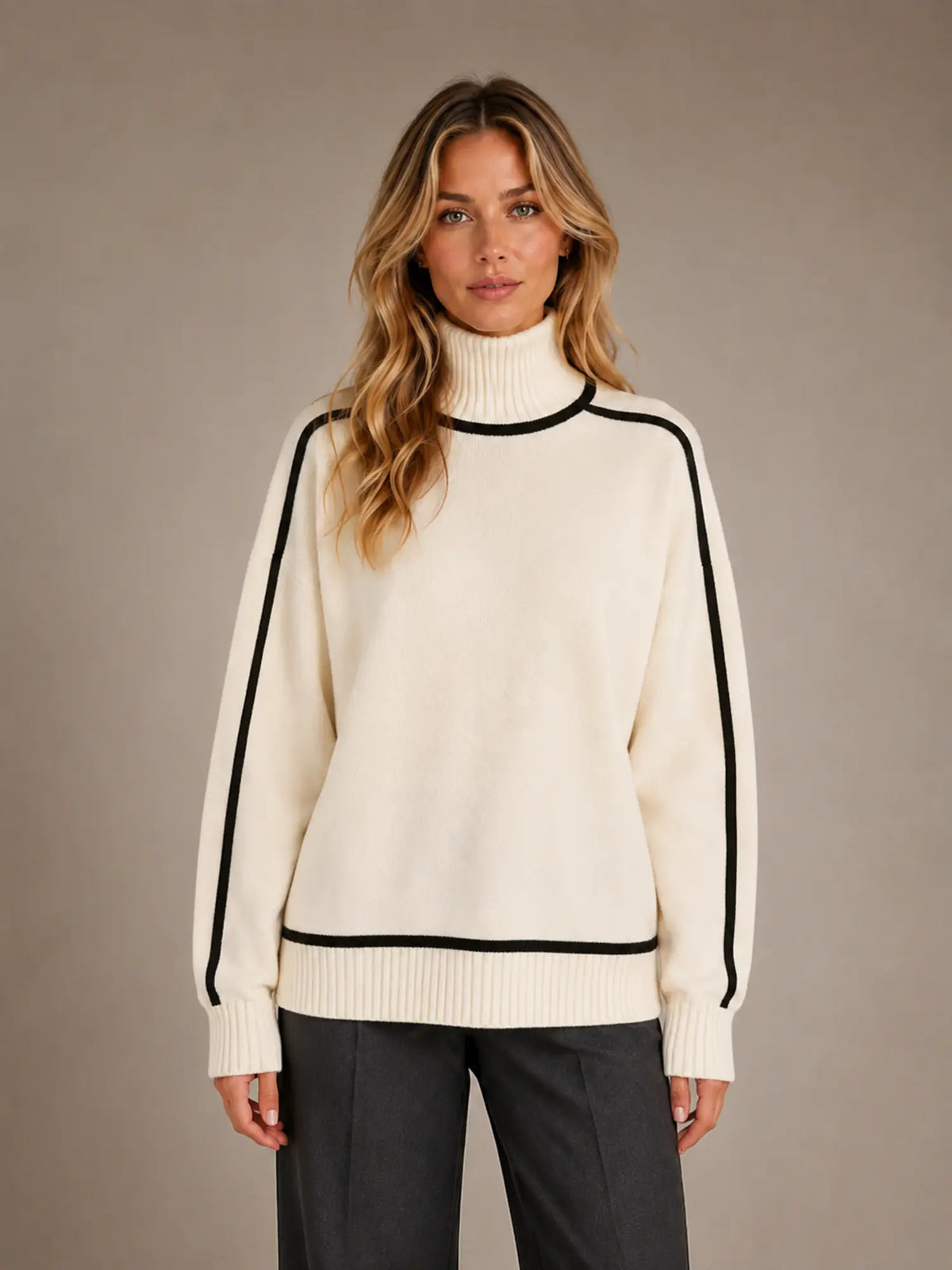 Women's Oversized Roll Neck Jumper – Soft Knit Style in Cream – Main view