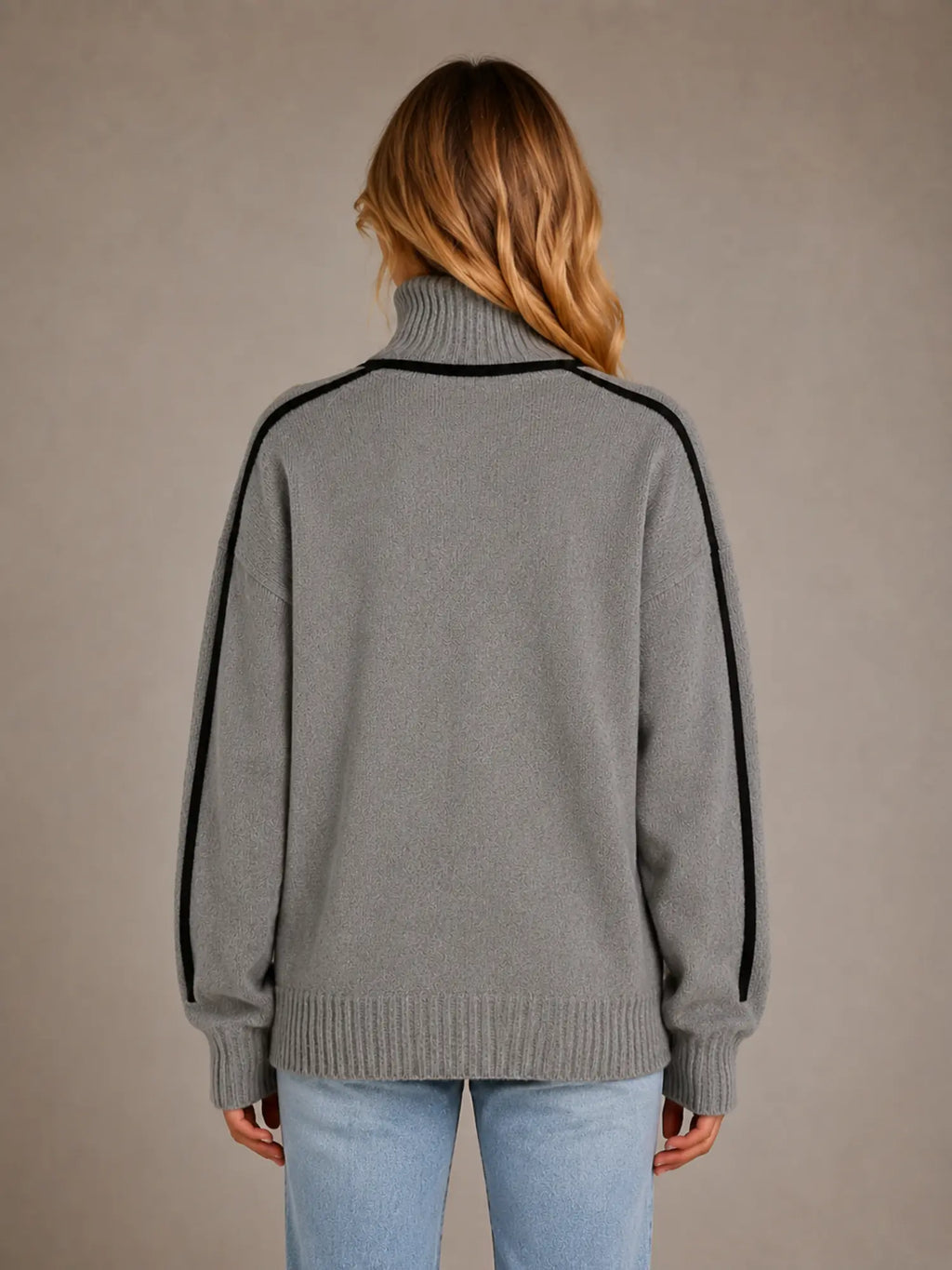 Women's Oversized Roll Neck Jumper – Soft Knit Style in Grey – Back view