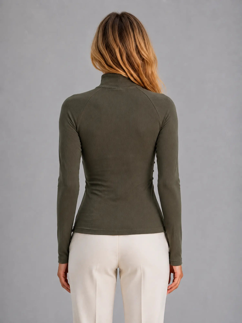 Women's Ribbed Half-Zip Top – High Neck Long Sleeve in Army Green – Back view
