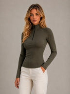 Women's Ribbed Half-Zip Top – High Neck Long Sleeve in Army Green – Hover view