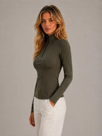 Women's Ribbed Half-Zip Top – High Neck Long Sleeve in Army Green – Side view