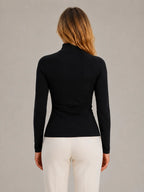 Women's Ribbed Half-Zip Top – High Neck Long Sleeve in Black – Back view