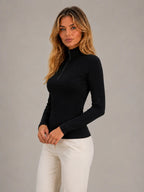 Women's Ribbed Half-Zip Top – High Neck Long Sleeve in Black – Side view