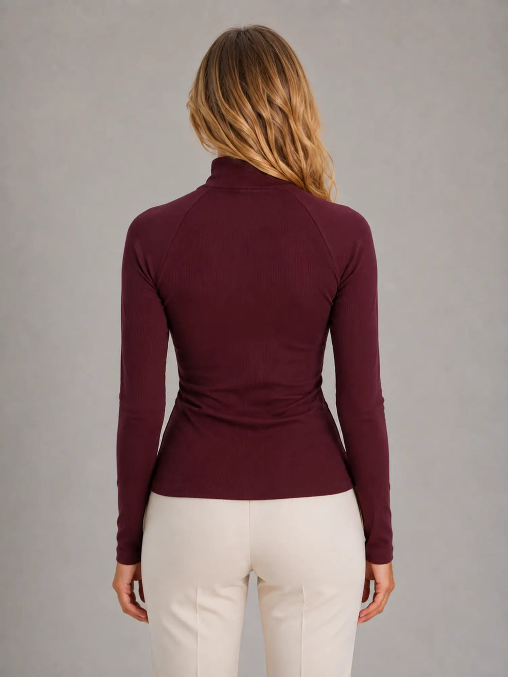 Women's Ribbed Half-Zip Top – High Neck Long Sleeve in Burgundy – Back view