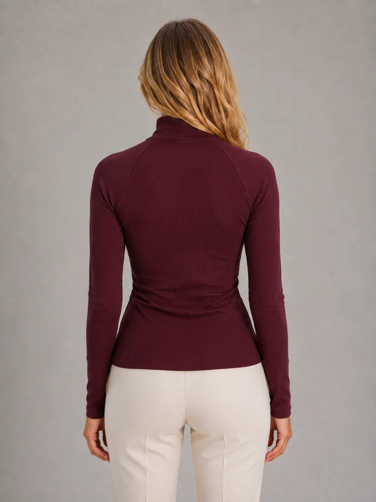 Women's Ribbed Half-Zip Top – High Neck Long Sleeve in Burgundy – Back view