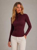 Women's Ribbed Half-Zip Top – High Neck Long Sleeve in Burgundy – Hover view