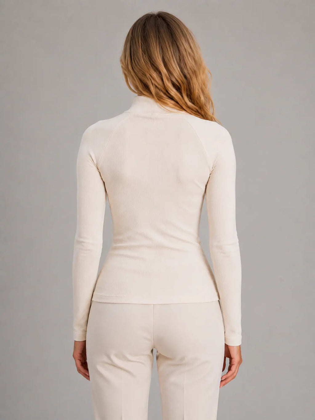 Women's Ribbed Half-Zip Top – High Neck Long Sleeve in Cream – Back view