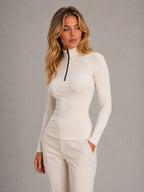 Women's Ribbed Half-Zip Top – High Neck Long Sleeve in Cream – Hover view