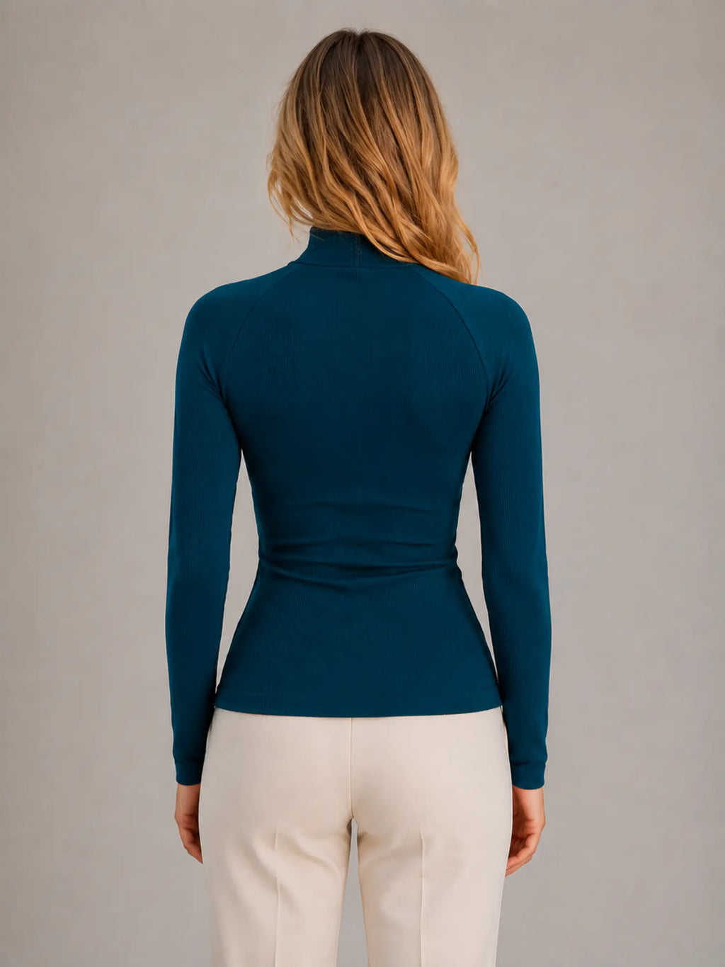 Women's Ribbed Half-Zip Top – High Neck Long Sleeve in Deep Teal – Back view